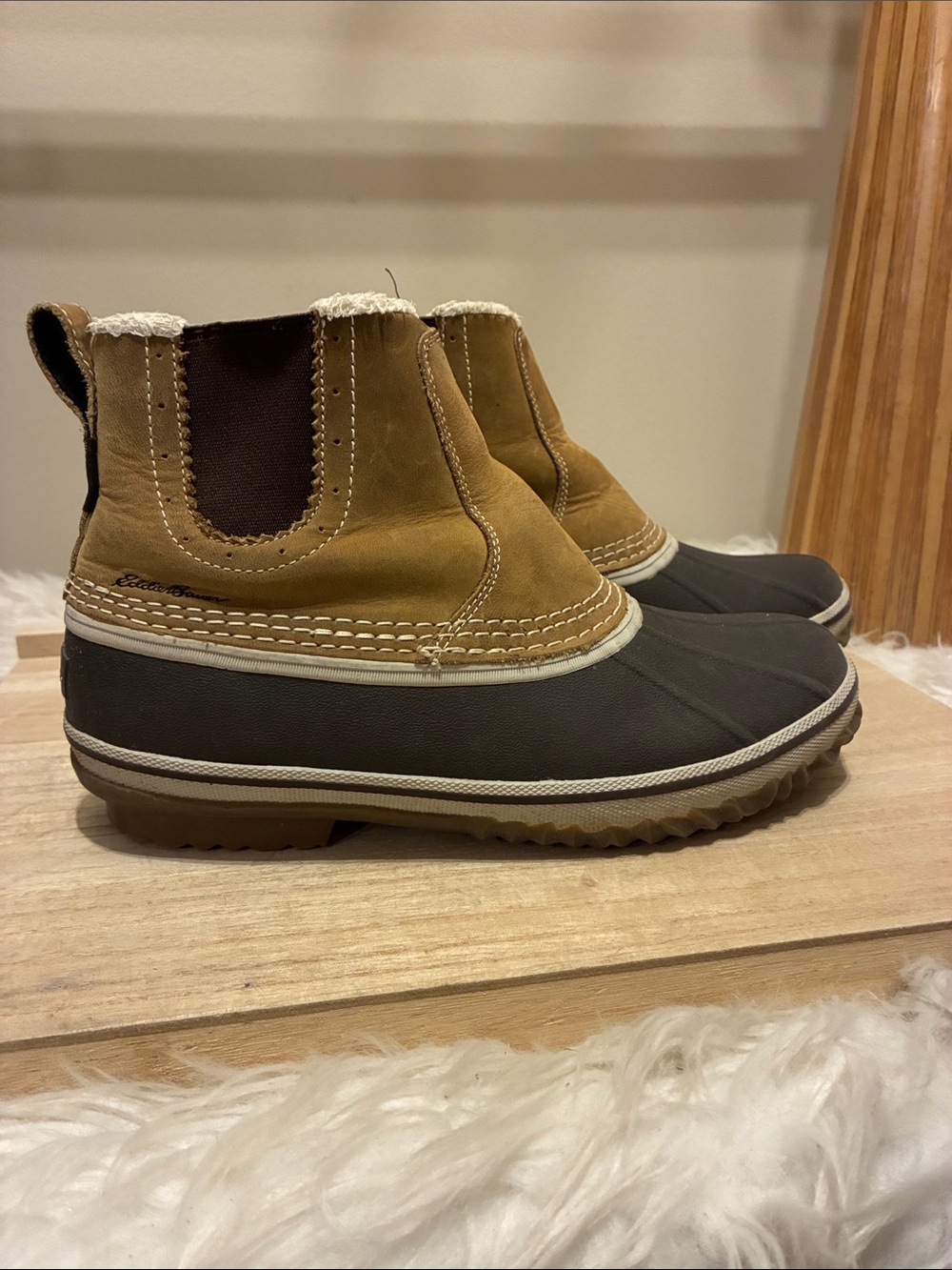 Eddie Bauer Tan and Black Waterproof Chelsea Duck Boots